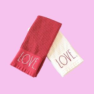 Rae Dunn “LOVE.” Kitchen Towel Set of 2 Red & White Waffle Weave 100% Cotton